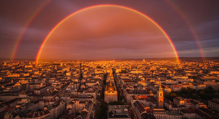 Aerial view of the city with a rainbow in the skyの写真素材