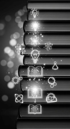 Books with lightbulbs and symbols on black background. Education conceptの写真素材