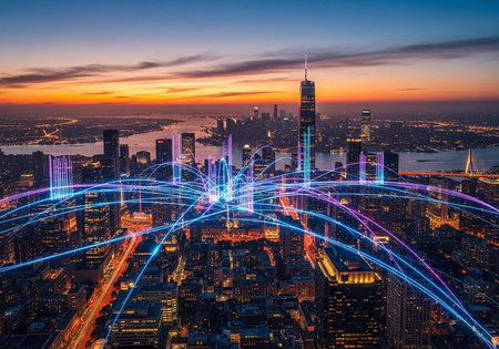 Downtown skyline and world map hologram at sunset, Illinois, USA.の写真素材