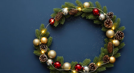 Christmas wreath with baubles and lights on dark blue background