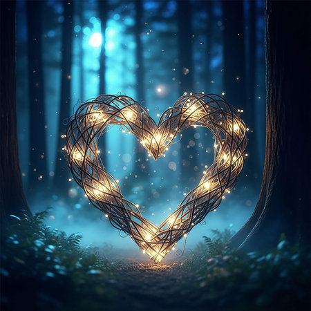Heart shaped lights in the forest at night. 3D illustration.の写真素材