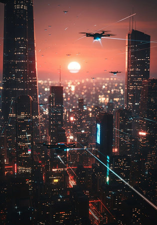 Drone flying over the city at sunset, 3d rendering. Computer digital drawing.の写真素材