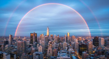 Aerial view of Chicago downtown skyscrapers with rainbow during sunset.の写真素材