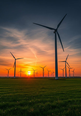 Wind turbines at sunsetの写真素材