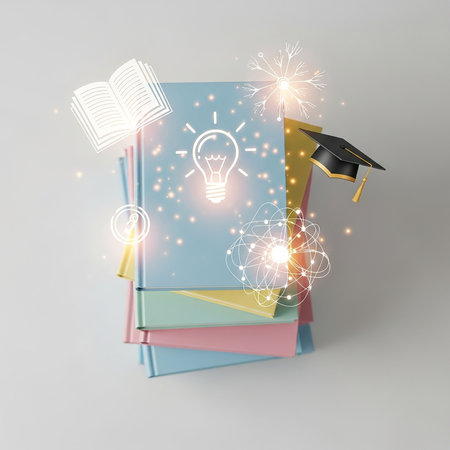 Graduation hat and books with glowing lightbulb on grey backgroundの写真素材