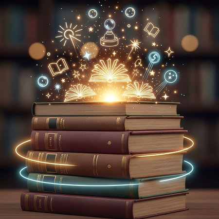 Books with glowing magic bookshelf background. Back to school conceptの写真素材