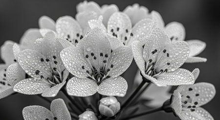 Black and white photo of pear flowers with water drops after rain.の写真素材