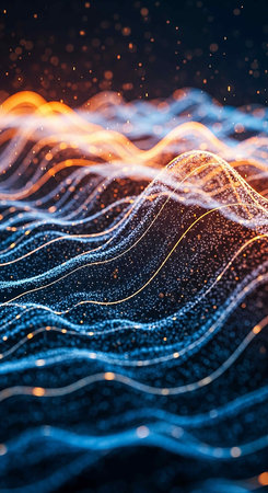 3d rendering of abstract digital particles. Futuristic wave with depth of field and bokeh.の写真素材