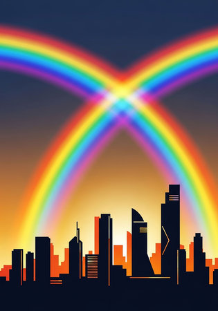 Rainbow over the city at sunset. Vector illustration. Clip-artの写真素材