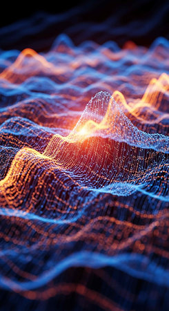 3d rendering of abstract digital landscape with flowing particles. Network connection structure. Futuristic technology background.の写真素材