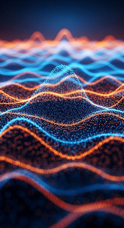 3D rendering of abstract digital wave with particles. Network connection structure. Futuristic background.の写真素材