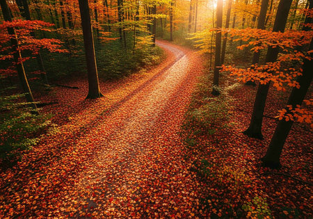 Autumn forest road in the morning. Beautiful nature scene with sunbeams
