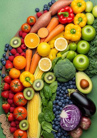 Fresh fruits and vegetables on green background. Healthy food concept. Top view.
