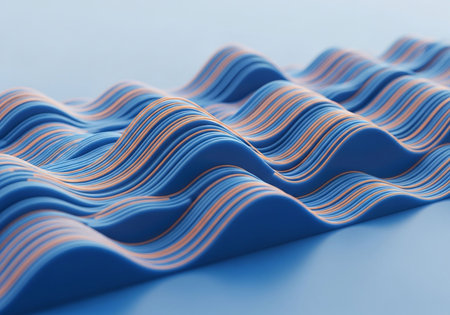 3d render, abstract wavy background, blue and orange linesの写真素材