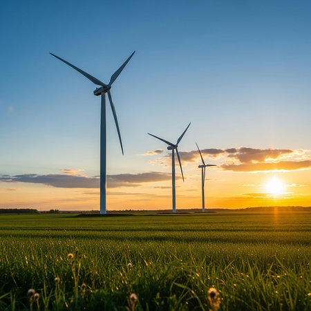 Windmills for electric power production at sunset, Zaragoza province, Aragon, Spain.