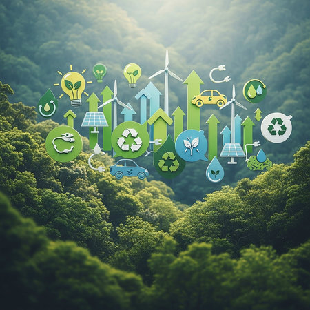 Ecology and environment concept with icons on the background of green forestの写真素材