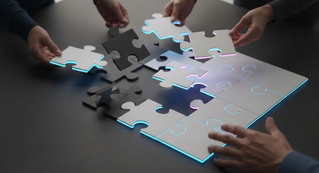 Teamwork and partnership concept. Business people assembling jigsaw puzzle.