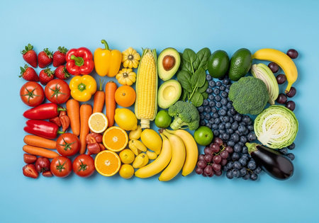 Fruits and vegetables on a blue background. Healthy food concept.の写真素材