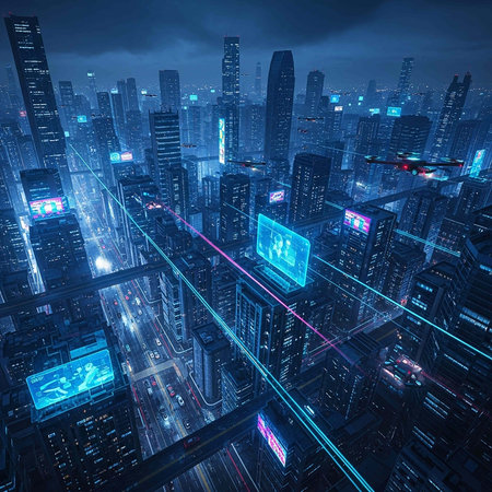 Abstract futuristic city at night with neon lights. 3D Renderingの写真素材