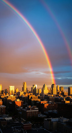 Rainbow over skyline at sunset.の写真素材