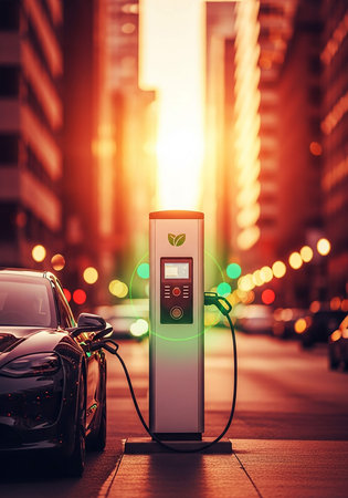 Charging an electric car in the city at night. Alternative energy concept