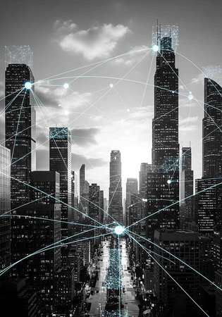 Network connection graphic against cityscape with skyscrapers in black and whiteの写真素材