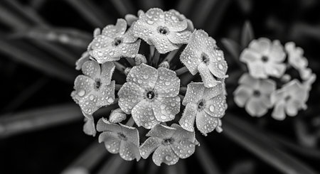 Black and white photo of a flower with water droplets on itの写真素材