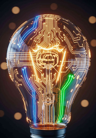 Electric lightbulb with circuit board inside, 3D rendering.の写真素材