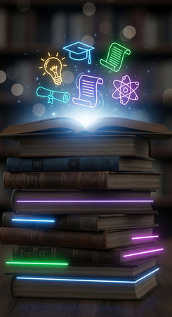 Books with glowing education icons and symbols on wooden table. 3D renderingの写真素材