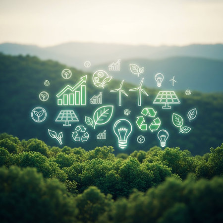 Ecology concept with green forest and lightbulb on blurred backgroundの写真素材