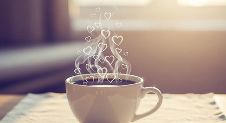 Coffee cup with heart shape steam on table in coffee shopの写真素材