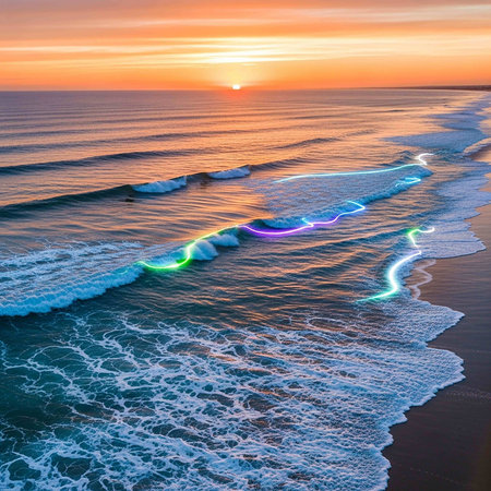 Aerial view of waves on the beach at sunset. Beautiful nature backgroundの写真素材