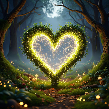 Heart shape in the forest with glowing lights. 3D illustration.の写真素材