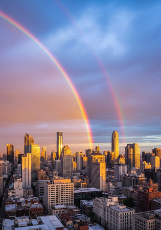 Rainbow over downtown at sunset.の写真素材