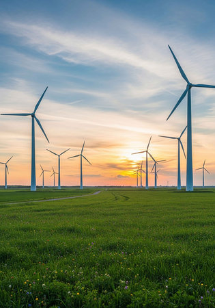 Wind turbines in a green field at sunset, renewable energy concept.