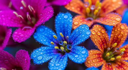 Close up of colorful spring flowers with water drops on petals.の写真素材
