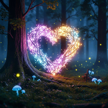 Heart shape in the forest at night. Love concept. 3D Renderingの写真素材