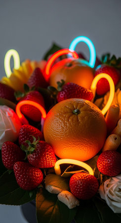 Close up of a bouquet of fresh strawberries, orangesの写真素材