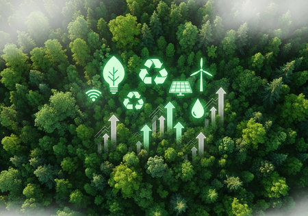 Ecology concept with green forest and windmills. 3d renderingの写真素材