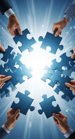 Close up of human hands connecting jigsaw puzzle pieces. Teamwork concept