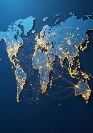 World map with glowing lines and dots. Global network connection concept. 3D renderingの写真素材