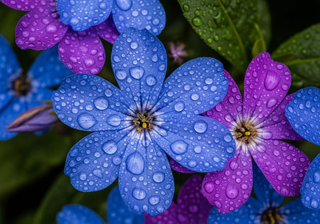 Close up of blue flowers with water droplets on the petalsの写真素材