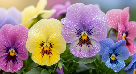 Colorful pansy flowers with water drops on petals close upの写真素材