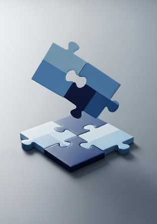 Blue and grey jigsaw puzzle pieces on grey background. 3D renderingの写真素材