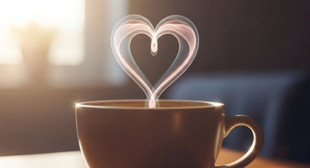Coffee cup with heart shape on wooden table in morning sunlightの写真素材