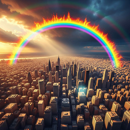 Cityscape and rainbow. 3D render. Clip-art.の写真素材