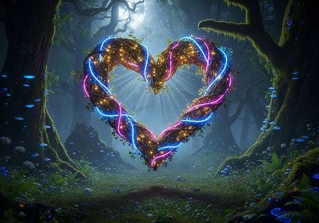 Heart shaped neon lights in the dark forest. 3D rendering.の写真素材
