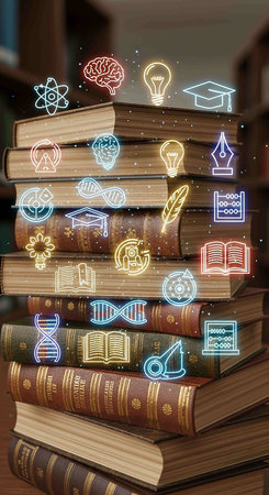 Books with glowing science icons and symbols on dark background 3D renderingの写真素材