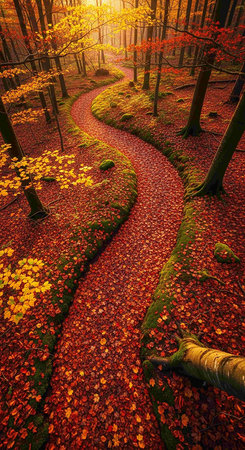 Path in the autumn forest with fallen red leaves. Autumn landscape.の写真素材