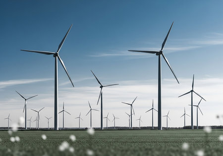 Wind turbines in the field. Alternative energy source. 3D rendering